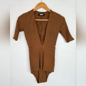 Reformation one piece deep V bodysuit, chocolate brown, size small